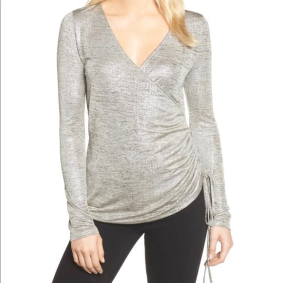 Trouve Metallic Silver Rouched Top - Silk Foil Nordstrom Small New with Tags - Picture 10 of 16